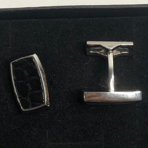 S T Dupont Silver Black Leather Square Cuff Links - Picture 3 of 7
